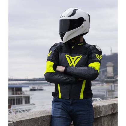 Geacă Moto din Piele SIXGEAR PHOENIX · Negru / Gri / Verde Fluo  - 6